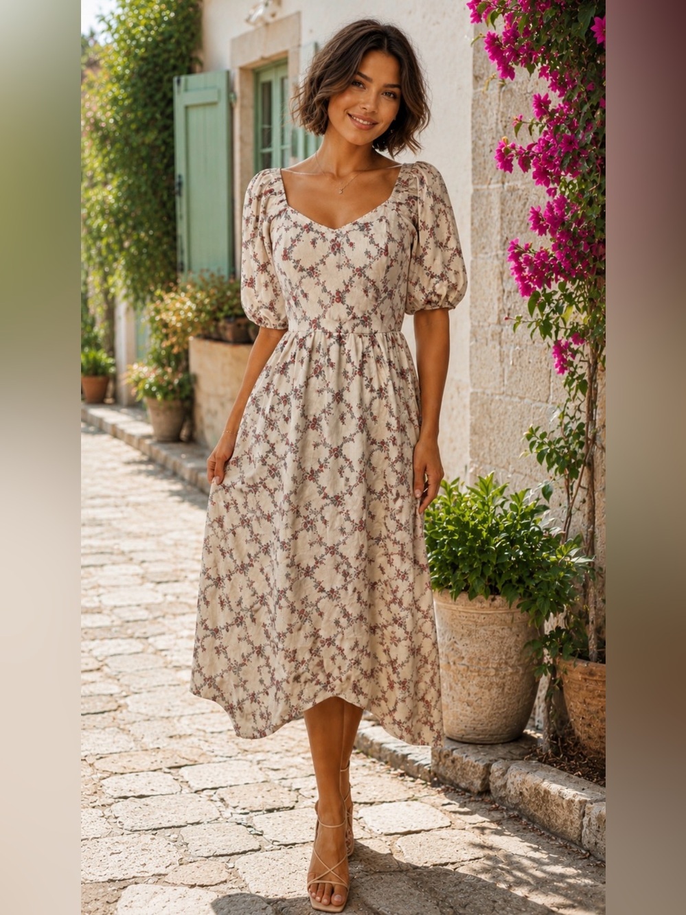 NWT Pink Desert Floral Corduroy Midi Dress with Puff Sleeves Cream